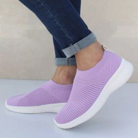 Women Flats Shoes Plus Size 43 Breathable Mesh Platform Sneakers Women Slip on Soft Ladies Casual Shoes Woman Knit Sock Flats (Color: Purple, Shoe Size: 35)