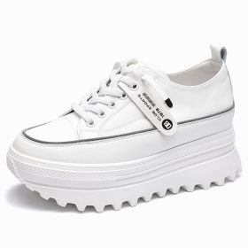 Fujin 5.5cm Genuine Leather Platform Wedge Shoes Chunky Sneaker White Casual Shoes Comfortable Breathable Spring Autumn Shoes (Color: White, Shoe Size: 35)
