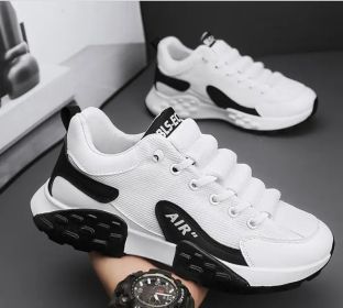 New men's net surface casual sports fashion shoes comfortable all fashion breathable soft soled daddy shoes men's fashion shoes (Color: White and black, size: 44)
