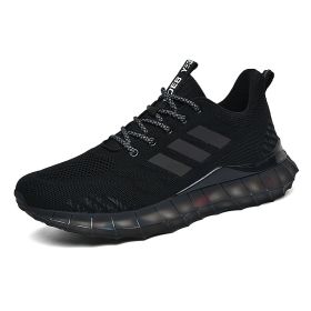 Popular men's breathable flying woven sneakers casual mesh shoes Popcorn sole running shoes 39-44 (Color: BlackSize44)