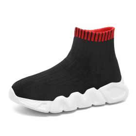 Spring and autumn new children's thick soled knitted vamp flying woven high top socks shoes breathable comfortable light outdoor leisure sports shoes (Color: Black  redSize35)