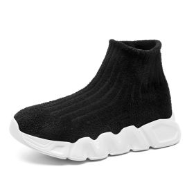 Spring and autumn new children's thick soled knitted vamp flying woven high top socks shoes breathable comfortable light outdoor leisure sports shoes (Color: BlackSize30)