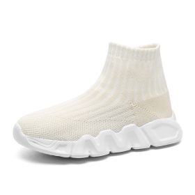 Spring and autumn new children's thick soled knitted vamp flying woven high top socks shoes breathable comfortable light outdoor leisure sports shoes (Color: BeigeSize29)