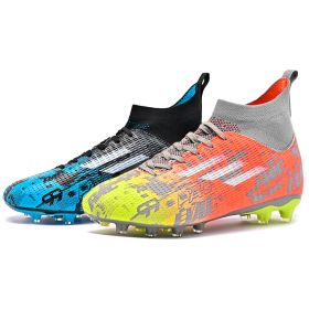 New high top Mandarin duck two-color long spike broken spike football sneakers (Color: Blue + Orange/spikeSize42)