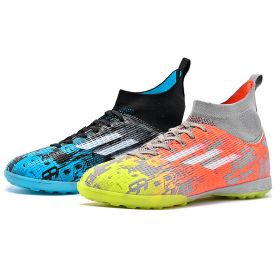 New high top Mandarin duck two-color long spike broken spike football sneakers (Color: Blue + Orange/nailSize39)