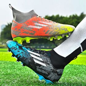 New high top Mandarin duck two-color long spike broken spike football sneakers (Color: Blue + Orange/spikeSize35)