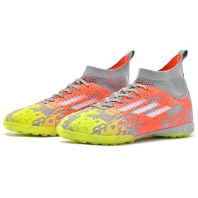 New high top Mandarin duck two-color long spike broken spike football sneakers (Color: Orange/broken nailsSize36)