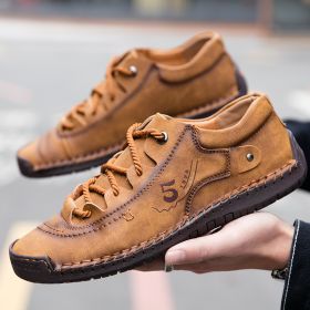 Explosive fashion trend men's handsewn casual leather shoes men's fashion shoes 38-48 leather size (Color: Yellow/brownSize43)