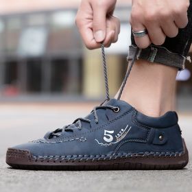 Explosive fashion trend men's handsewn casual leather shoes men's fashion shoes 38-48 leather size (Color: BlueSize42)