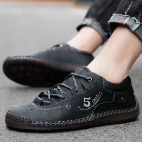 Explosive fashion trend men's handsewn casual leather shoes men's fashion shoes 38-48 leather size (Color: BlackSize43)