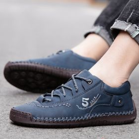 Explosive fashion trend men's handsewn casual leather shoes men's fashion shoes 38-48 leather size (Color: BlueSize48)