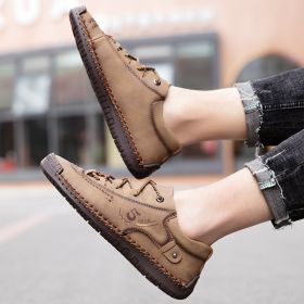 Explosive fashion trend men's handsewn casual leather shoes men's fashion shoes 38-48 leather size (Color: khakiSize41)