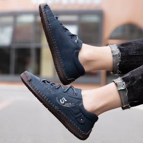 Explosive fashion trend men's handsewn casual leather shoes men's fashion shoes 38-48 leather size (Color: BlueSize47)