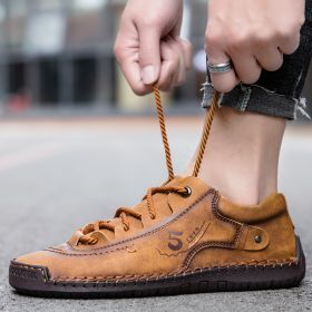 Explosive fashion trend men's handsewn casual leather shoes men's fashion shoes 38-48 leather size (Color: Yellow/brownSize48)