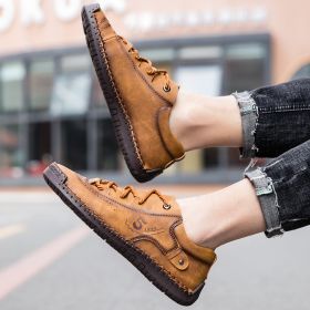 Explosive fashion trend men's handsewn casual leather shoes men's fashion shoes 38-48 leather size (Color: Yellow/brownSize40)