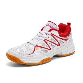 New four seasons non-slip men's badminton table tennis couple shoes sports big size men's sports shoes 38-48 (Color: White redSize44)