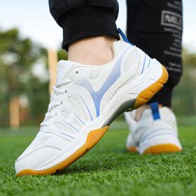 New super light breathable couple badminton shoes Fashion comfortable men's sports shoes tennis shoes (Color: White and blueSize38)