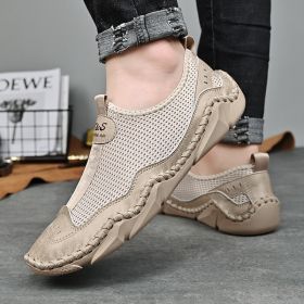 Men's summer new mesh breathable comfortable large size handmade bean shoes slip-on loafers loafers (Color: SandySize38)