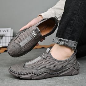 Men's summer new mesh breathable comfortable large size handmade bean shoes slip-on loafers loafers (Color: GraySize43)