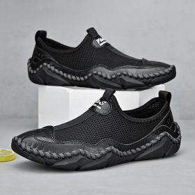 Men's summer new mesh breathable comfortable large size handmade bean shoes slip-on loafers loafers (Color: BlackSize39)