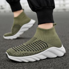 New trend fashion large size flying knit high top casual shoes fashionable men's shoes (Color: GreenSize46)