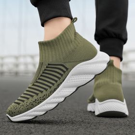 New trend fashion large size flying knit high top casual shoes fashionable men's shoes (Color: GreenSize44)