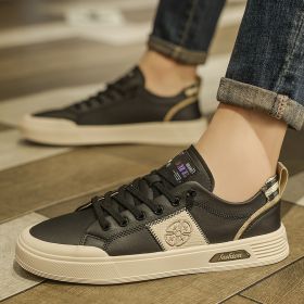 Men's new leather leather light luxury fashion board shoes trend fashion all match small white shoes casual men's shoes (Color: BlackSize39)